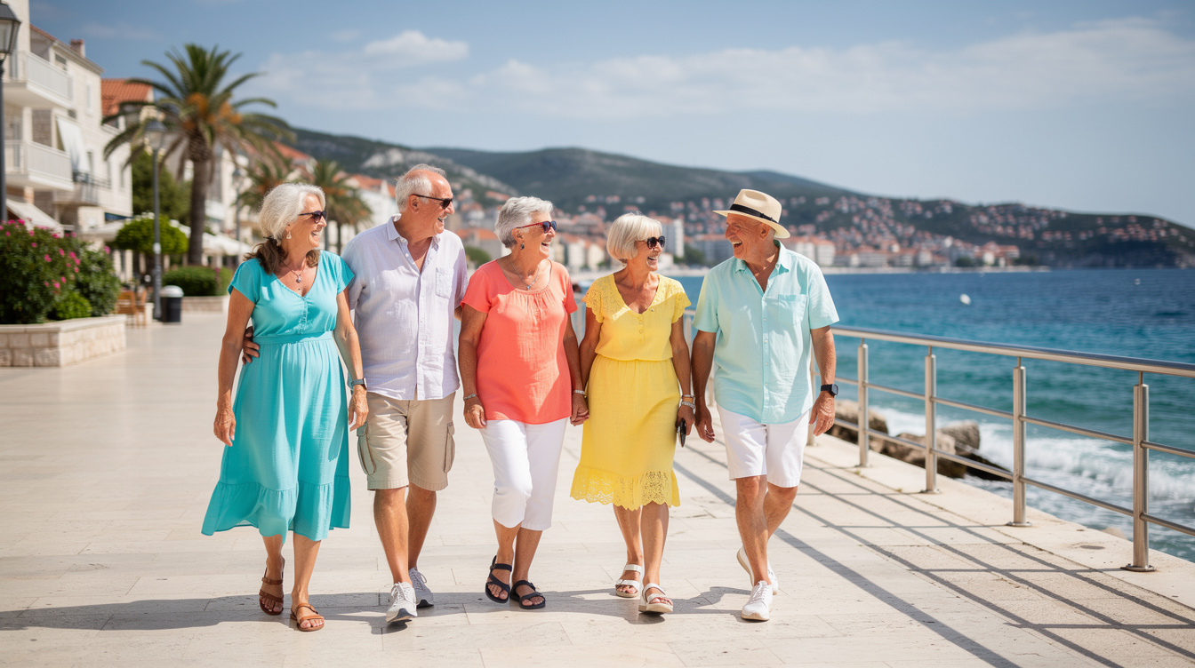 Group of active senior friends walking and laughing together outdoors