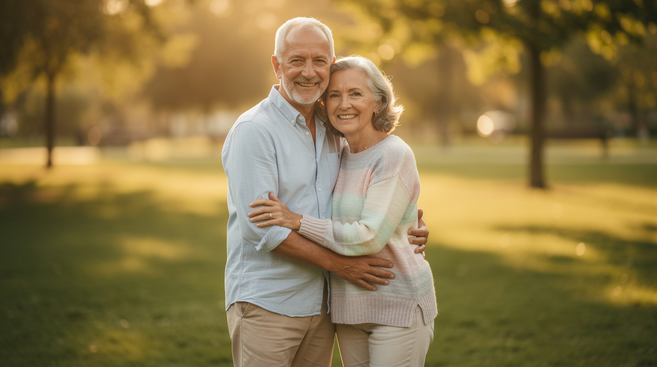 Happy senior couple embracing outdoors in sunlight